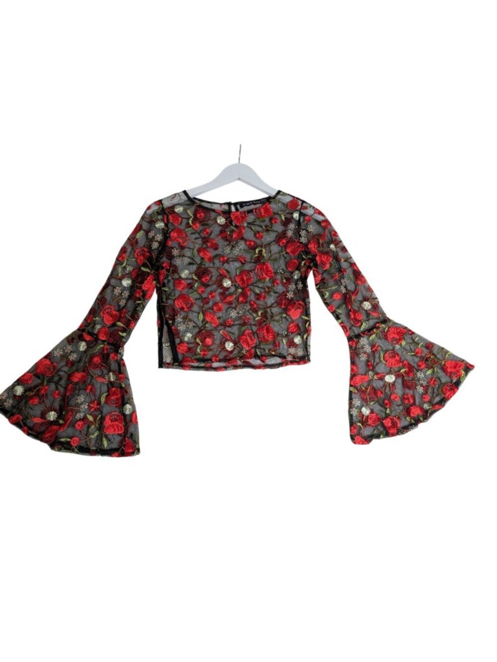 Embroidered Sheer Black Mesh Crop Top With Red Rose Design & Bell Sleeves By Hau - Picture 9 of 13